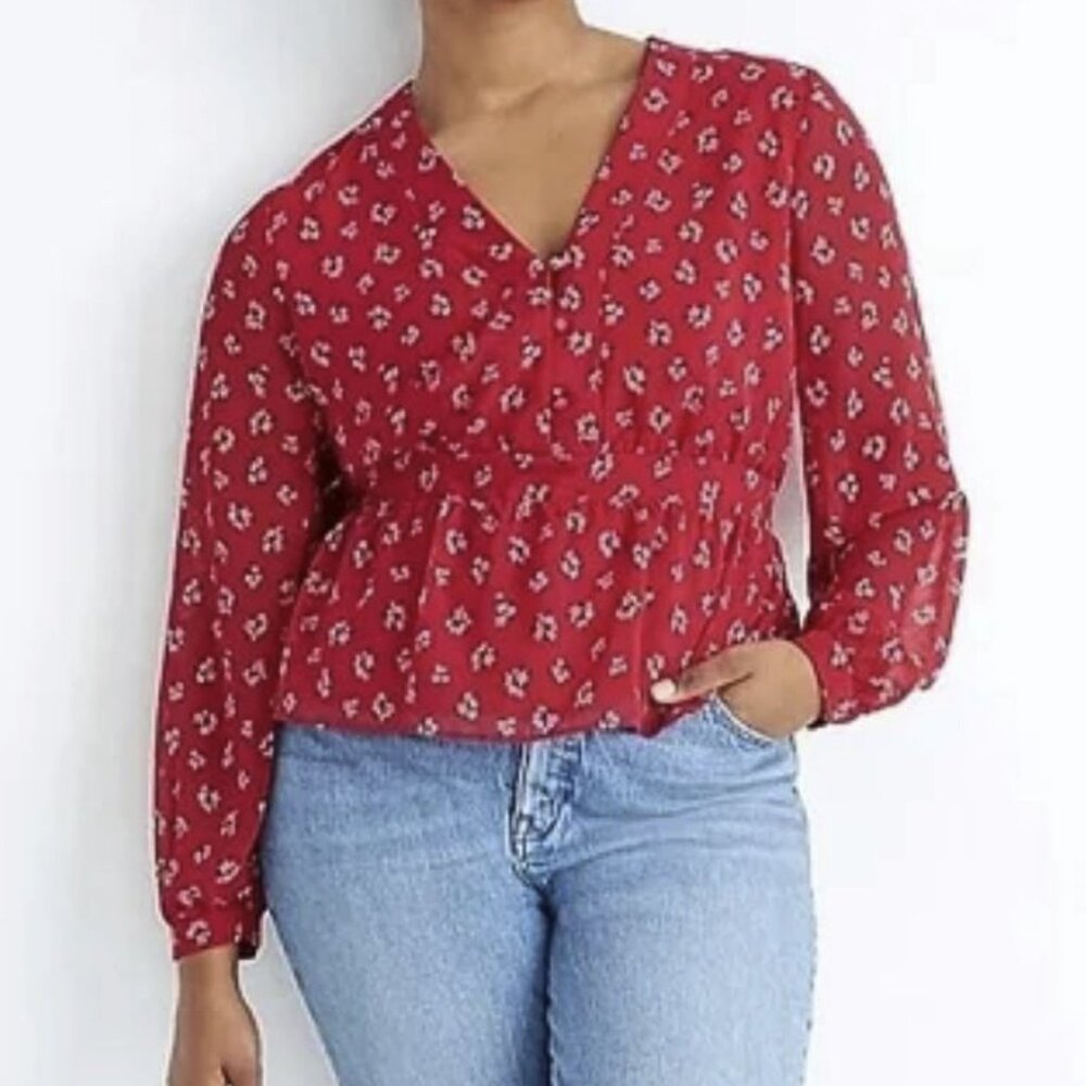 Madewell Little Lillies Peplum V-Neck Top Red Floral Chiffon Size XL - NWOT